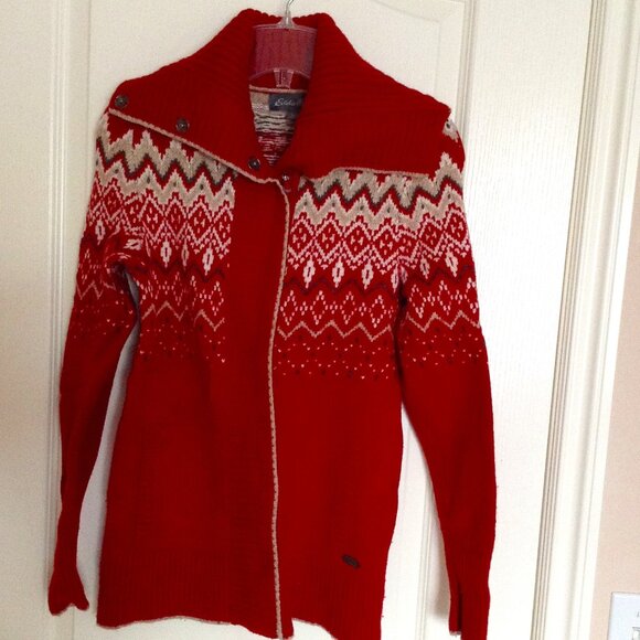 Eddie Bauer Women's Red Knit Cardigan Sweater Size S Zip Up Front High Neck - Picture 1 of 6